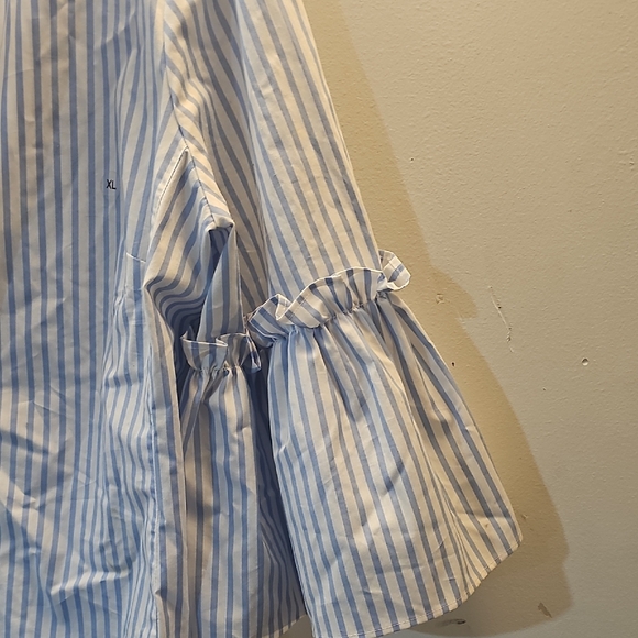 Zara Striped Blue and White Blouse with Ruffled Sleeves - Picture 5 of 10
